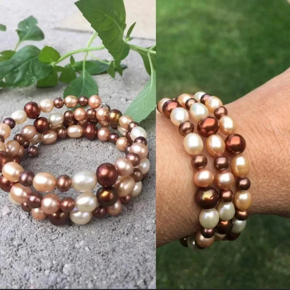 Pearl Bracelet, Brown Pearls, Cuff Bracelet, Memory Wire Bracelet, Mothers Gift - Picture 1 of 5